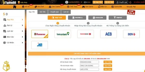 Đa dạng hình thức nạp tiền vào tài khoản typhu88 cho game thủ lựa chọn