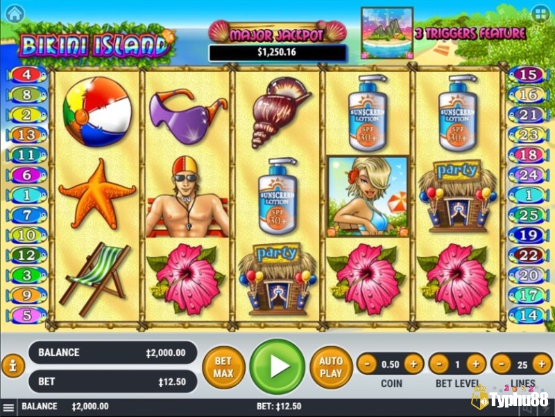 Bikini Island slot có cấu trúc 5x3 và 25 dòng thanh toán